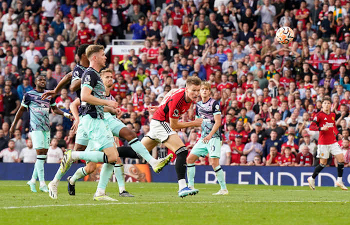 Scott McTominay pictured (center) moments after heading the ball to score a late winning goal for Manchester United in a 2-1 victory over Brentford in October 2023